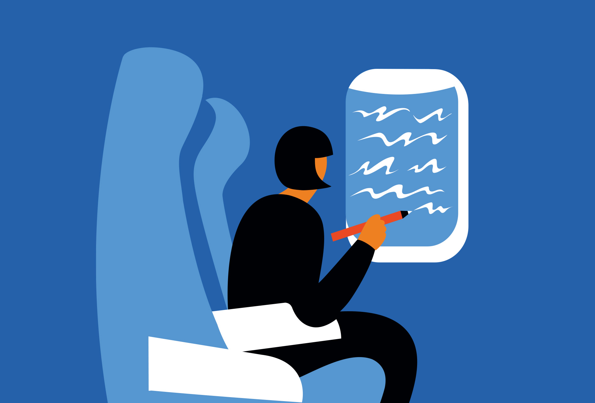 Surreal illustration in a simple style of a woman sitting in a plane seat while she writes in clouds on the window with her pencil.