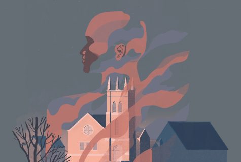 Surreal illustration of a church in Austin amid a neighborhood. A ghostly mist floats above the church and into the grey sky. The apparition is in the shape of a profile of an African-American’s face.