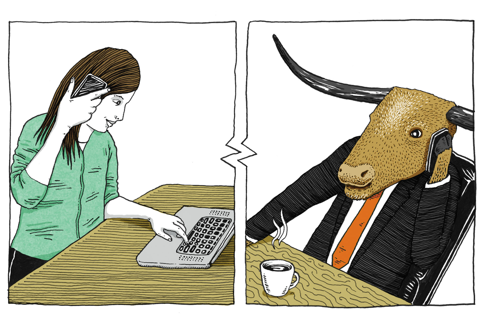 Illustration of a student speaking to a Liberal Arts representative over the phone. The rep is Bevo wearing a suit.
