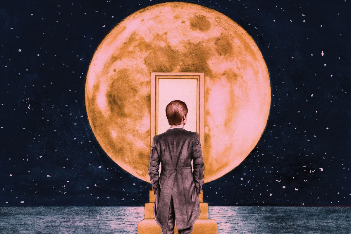 Surreal illustration of a lone man in a suit, walking up stairs over a night-lit ocean to a door inside of the moon.