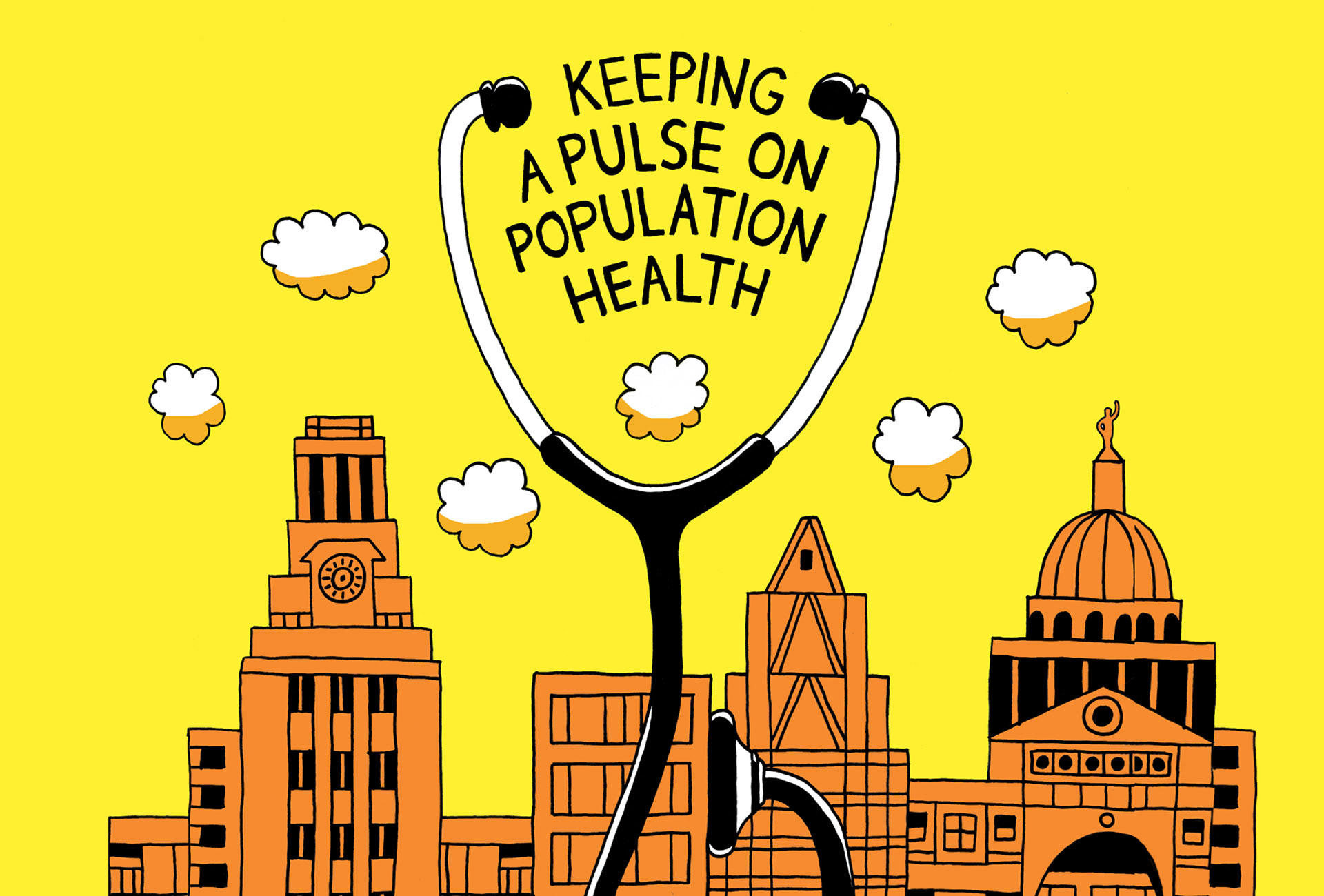 A simple drawing of the Austin skyline. A large doctor's stethoscope looms in front of the skyline bracketing the words, 