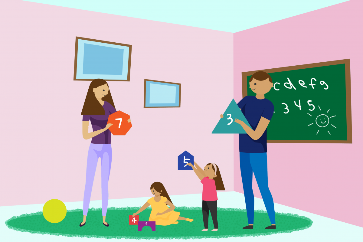 Illustration of parents standing holding shapes with numbers with two children playing on the floor in a home setting with pink walls and a chalkboard on the wall.