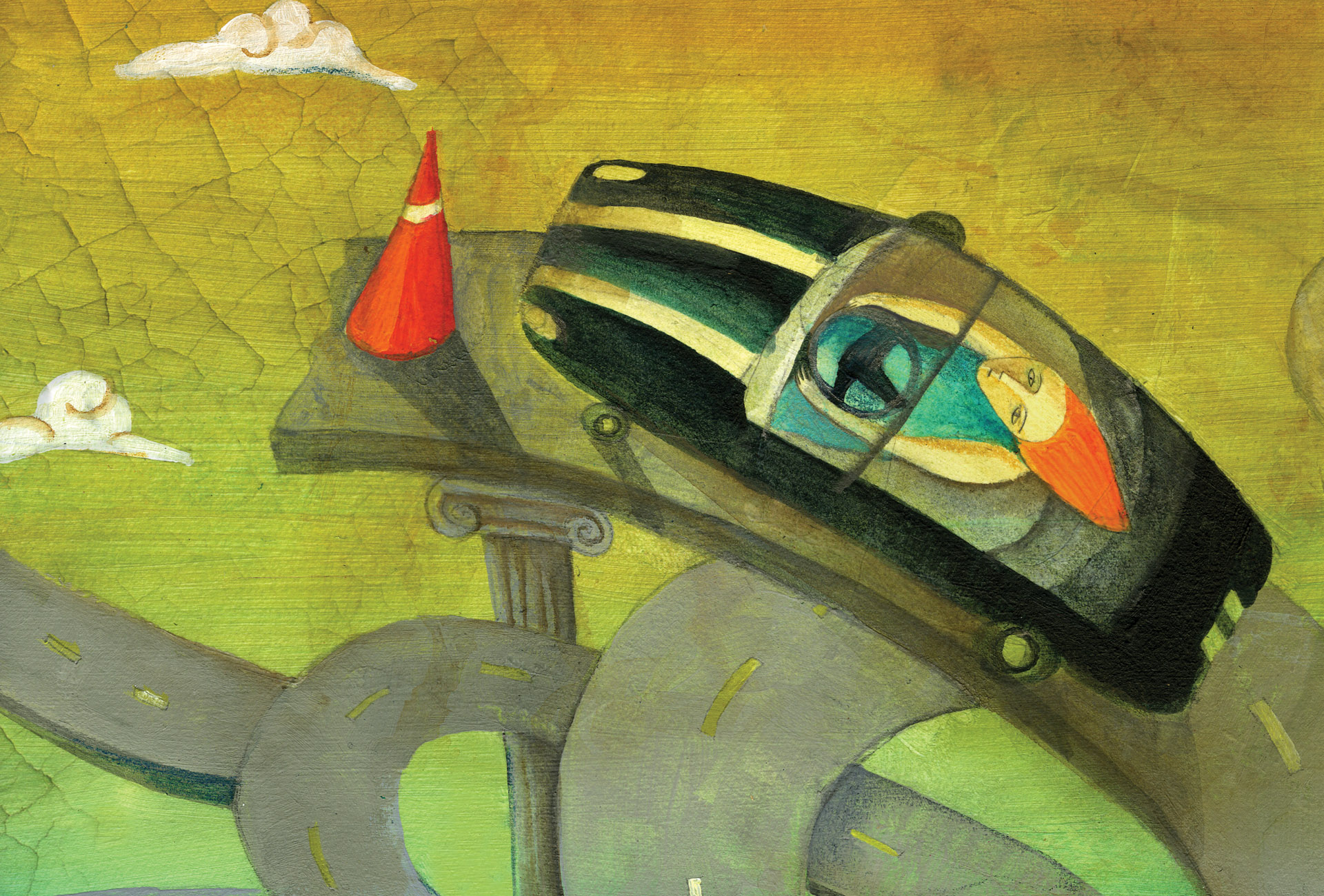 A stylized illustration of a woman in a car driving off of an unfinished highway. A single orange cone stands in her way.