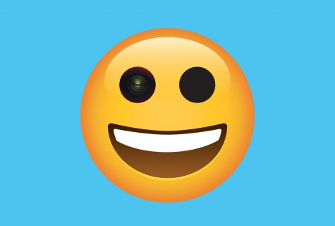 graphic of smiley face with camera in one eye