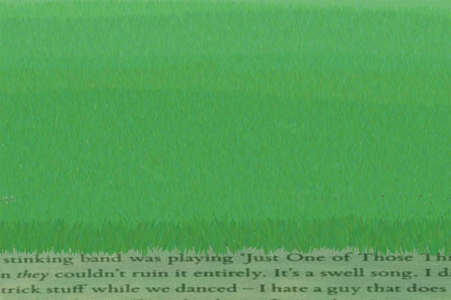 Moving illustration of a man mowing his green lawn. As the grass is cut, sentences and words from a book are revealed.