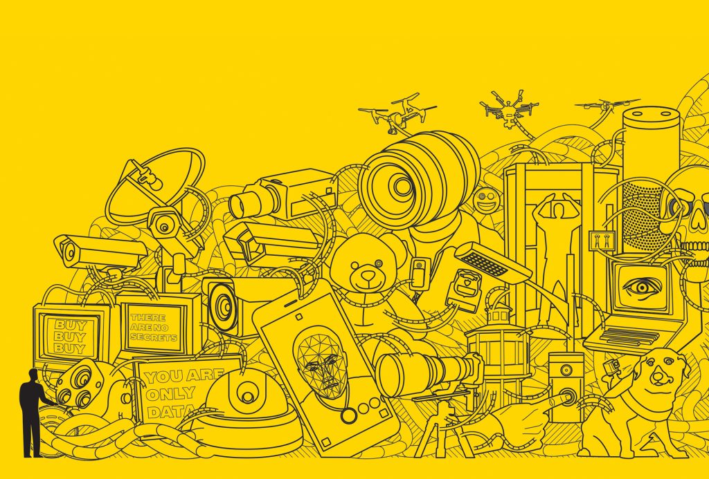 Wireframe illustration of a pile of surveillance equipment, cameras, microphones, drones, cables, and a Terminator all in a giant junk pile against a yellow background.