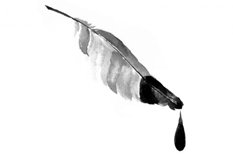 graphic with feather dripping ink off the end