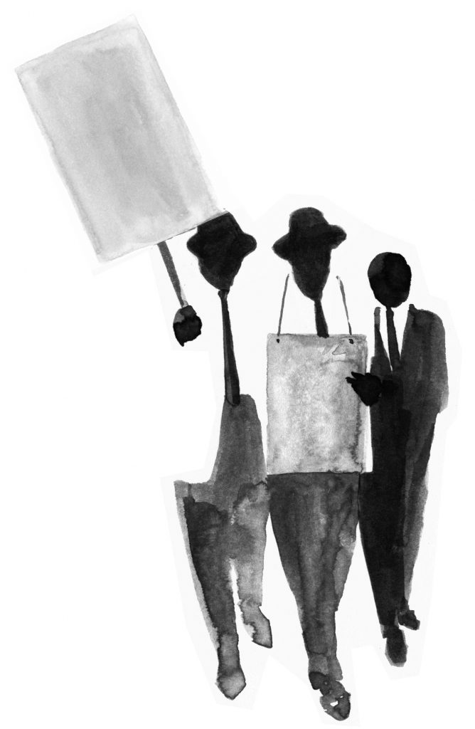 Civil rights movement illustration featuring three men in suits holding signs. 