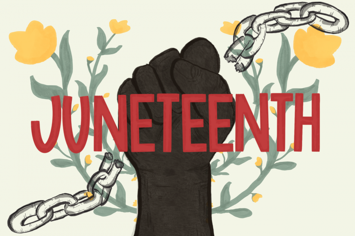 Juneteenth illustration with yellow flowers, first, broken chains.