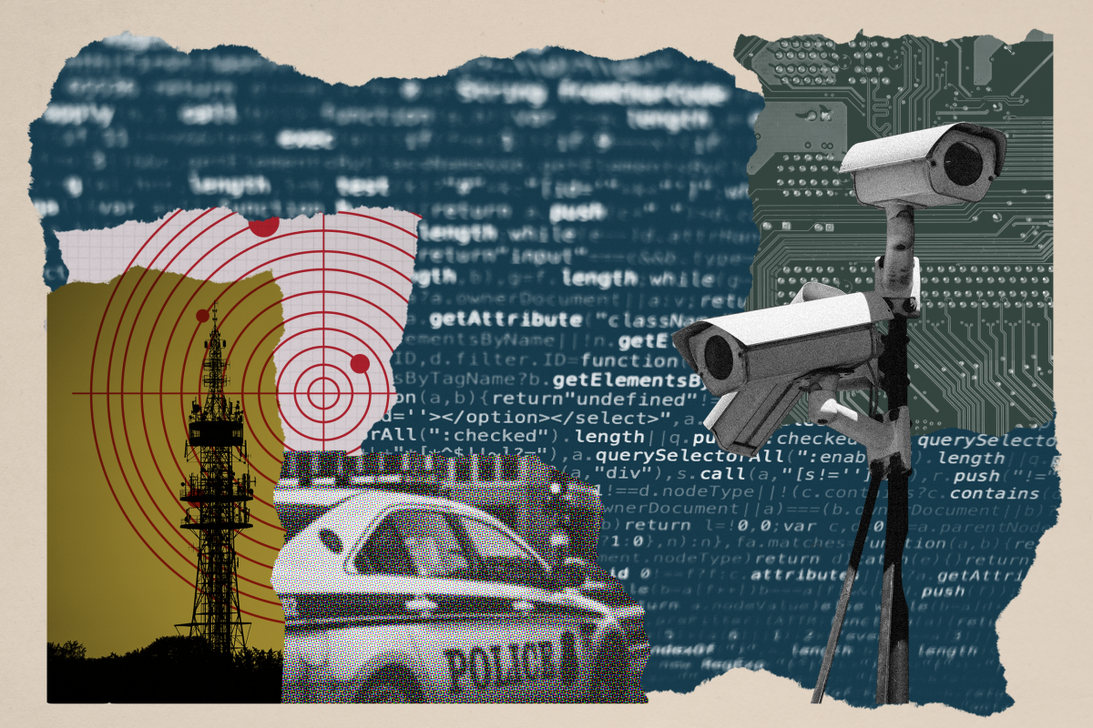 Collage with surveillance camera, police car, code and communications tower.