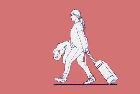 Young woman pulling suitcase in the shape of a book with pink background.