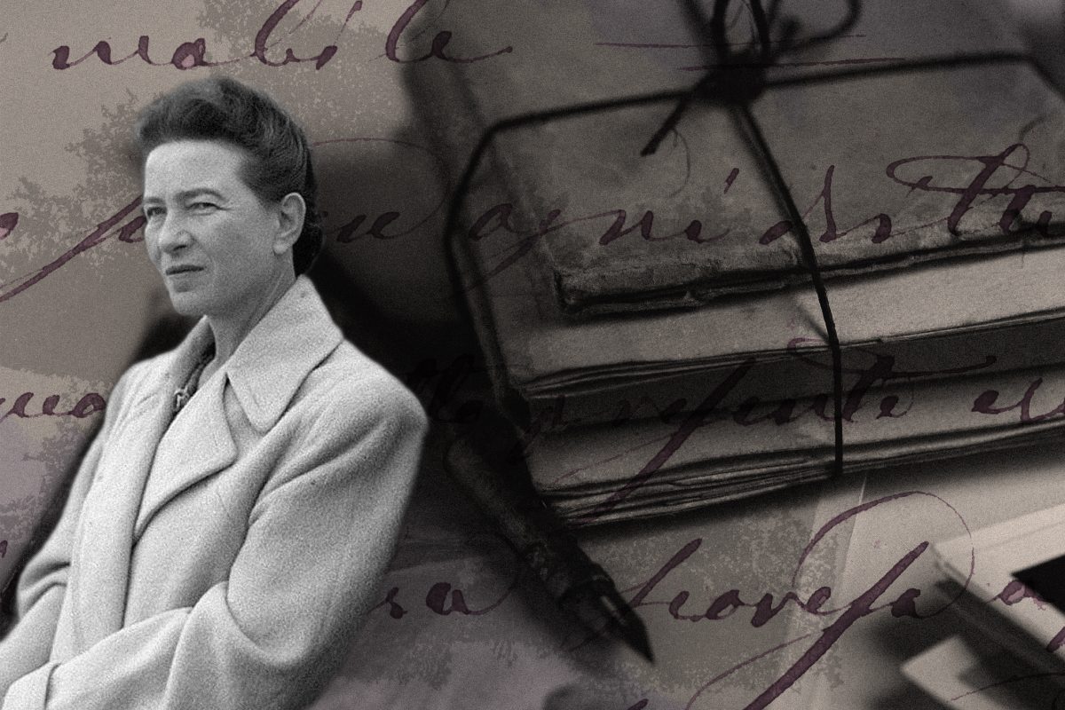 Simone de Beauvoir in foreground with a stack of letters tied with string in background.