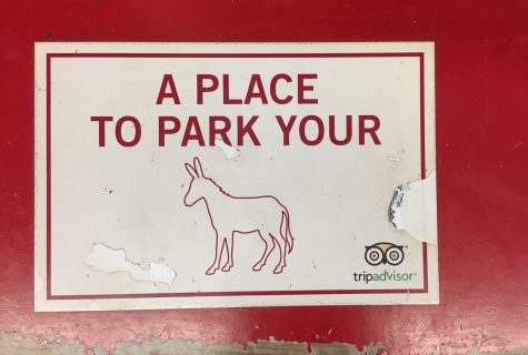 Red bench sign at carriage ride, "A Place to Park Your," with outline of donkey.