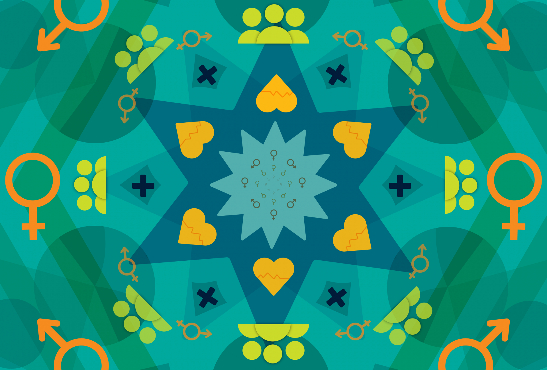 Kaleidoscope pattern with symbols representing gender, health and relationships.