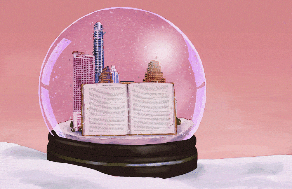 Animated illustration of a book and cityscape within a snow globe with letters falling like snow.