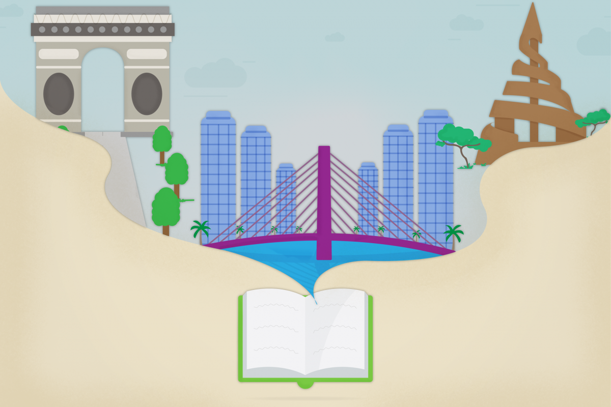book illustration opening into travel icons: bridge, arch and buildings.
