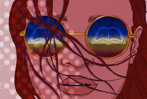 Animated illustration of woman with sunglasses; book outline is mirrored in sunglasses as her reddish brown hair blows in breeze.
