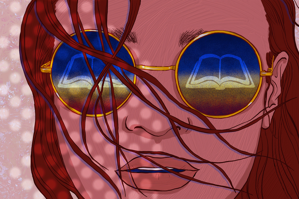 Animated illustration of woman with sunglasses; book outline is mirrored in sunglasses as her reddish brown hair blows in breeze.