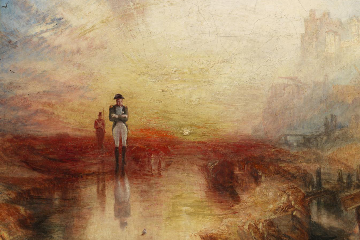 This scene shows French military leader Napoleon in exile on the island of St Helena. He had been sent there after being defeated by a British-led army in 1815 at the Battle of Waterloo. Napoleon died in St Helena in 1821. This work was painted in the year his ashes were returned to France. The image does not appear to celebrate or condemn Napoleon, but instead suggests the pointlessness of war. The isolated uniformed body appears out of place in its surroundings. The red background invokes the trauma of battle. In verses attached to the canvas, Turner refers to the sunset as a ‘sea of blood’.