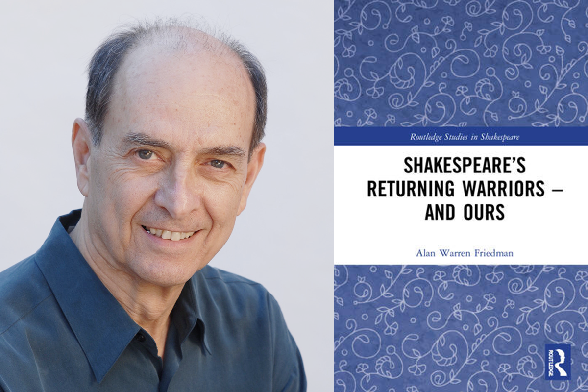 A photo of Alan Friedman smiling next to a simple blue book cover for Shakespeare's Returning Warriors - and Ours.