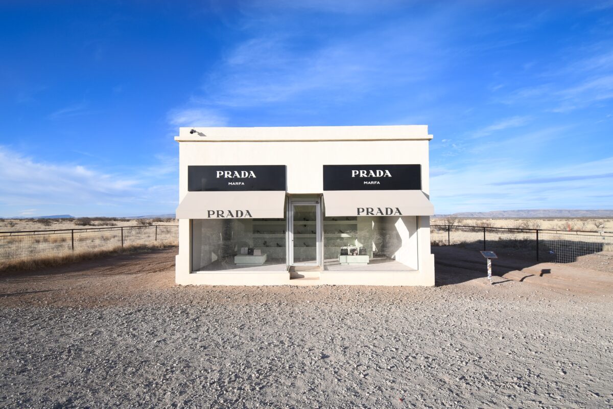 Prada Marfa installation depicting realistic boutique in the middle of West Texas described within Randy Lewis short documentary of the same name