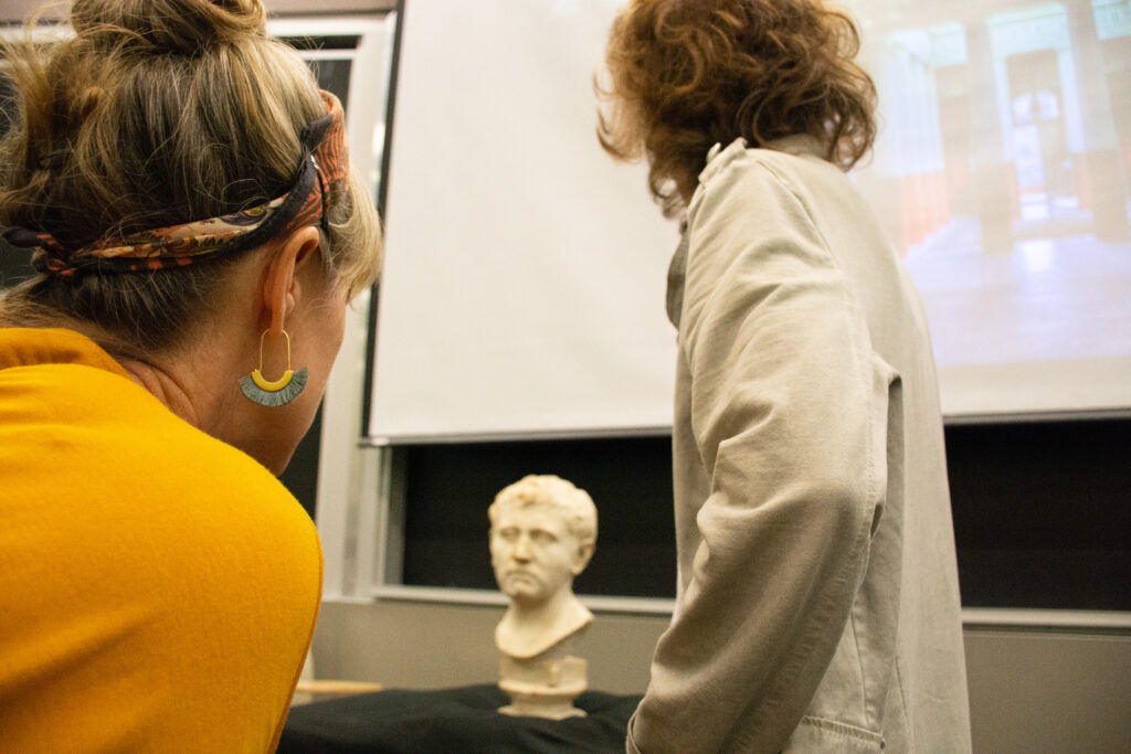 White marble Roman bust found at Austin Goodwill being assessed by University of Texas at Austin Liberal Arts professors Stephennie Mulder and Penelope Davies
